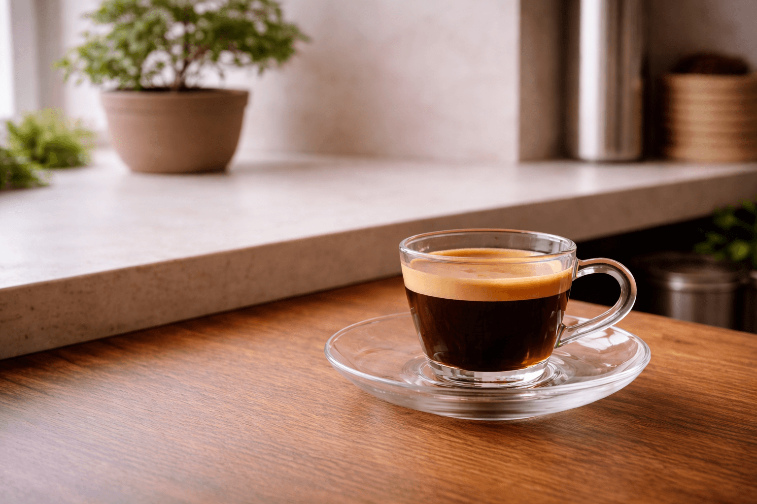 Glass espresso on a wood counter